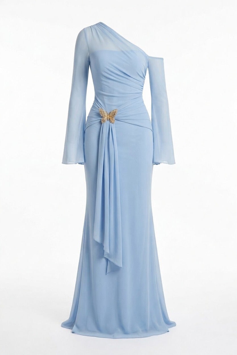 Babyblaues Kleid mit goldenen Details